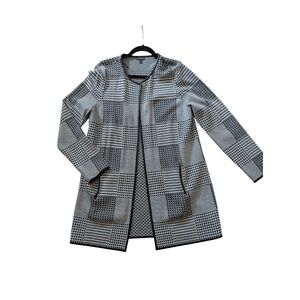 Talbots Black and White Patterned Sweater Jacket With Faux Leather Trim